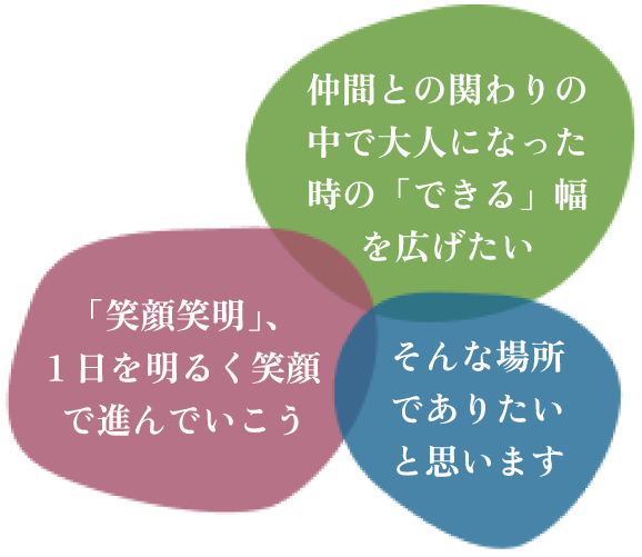仲間との関わりの中で大人になった時の「できる」幅を広げたい 「笑顔笑明」、1日を明るく笑顔で進んでいこう そんな場所でありたいと思います